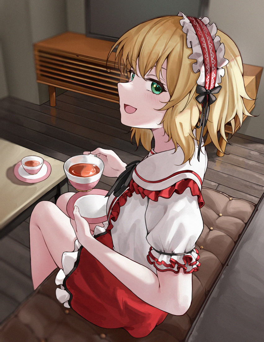 1girl, absurdres, blonde_hair, chinese_commentary, commentary_request, couch, cup, fr-ee-dom