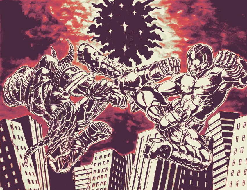 2boys, assault_visor, boots, building, cityscape, clenched_hands, doom_(series), doom_eternal