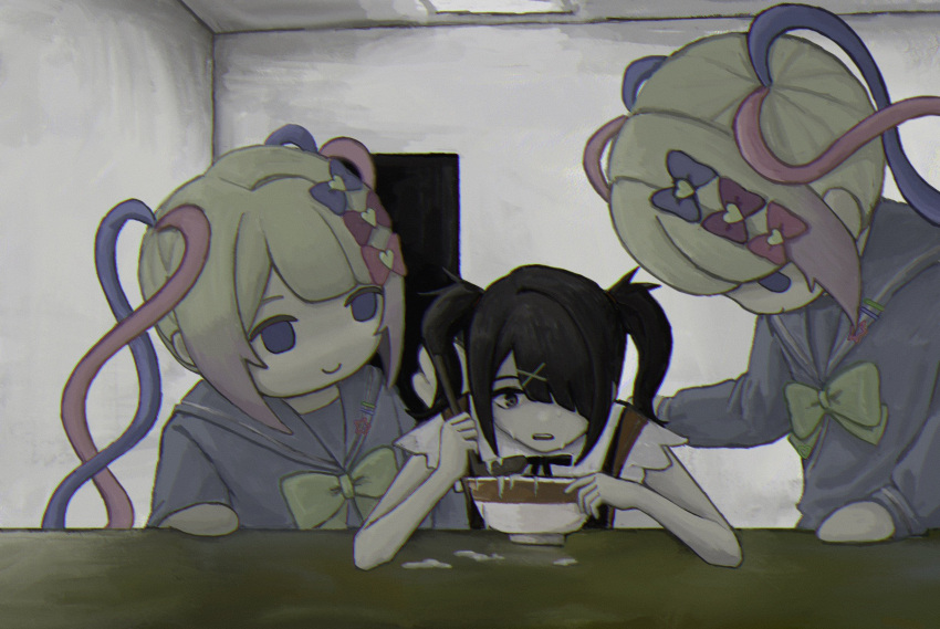 3girls, 84_(uoaen), ame-chan_(needy_girl_overdose), black_eyes, black_hair, black_ribbon, blank_room_soup, blonde_hair, blue_bow, blue_eyes, blue_hair, blue_shirt, blunt_bangs, bow, bowl, chouzetsusaikawa_tenshi-chan, closed_mouth, collar, collared_shirt, elbows_on_table, hair_bow, hair_ornament, hair_over_one_eye, hand_on_another's_shoulder, highres, holding, indoors, long_hair, long_sleeves, looking_at_another, multicolored_hair, multiple_girls, neck_ribbon, needy_girl_overdose, open_mouth, parody, pink_bow, pink_hair, purple_bow, quad_tails, red_shirt, ribbon, sailor_collar, shirt, sitting, smile, table, twintails, very_long_hair, white_collar, x_hair_ornament, yellow_bow