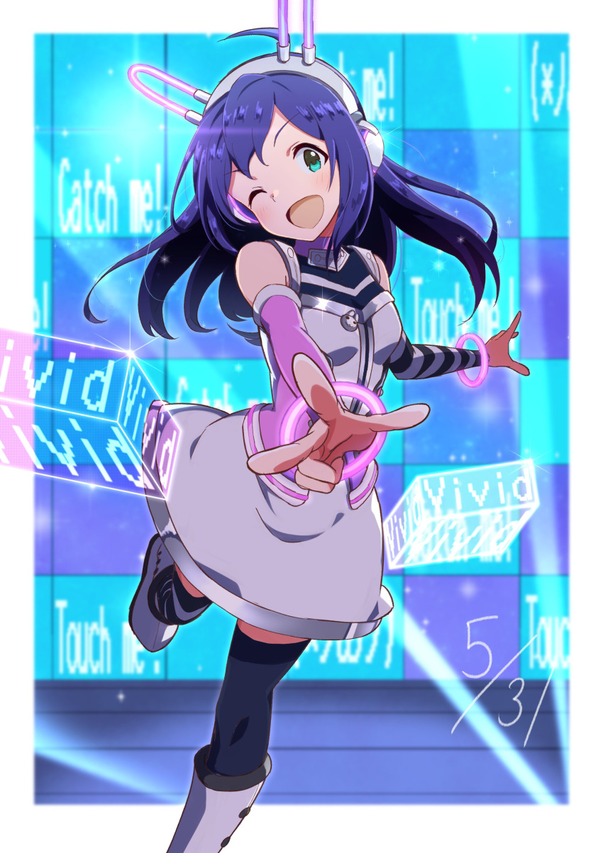 1girl, absurdres, ahoge, animal_ear_headphones, animal_ears, asymmetrical_legwear, asymmetrical_sleeves, badge
