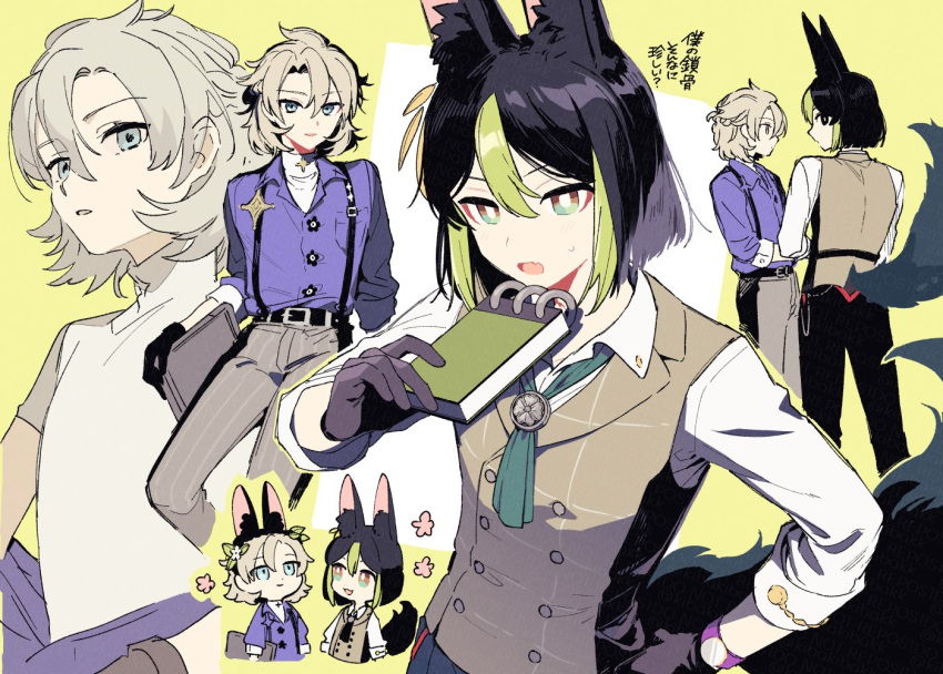 2boys, albedo_(genshin_impact), albedo_(m&amp;g)_(genshin_impact), animal_ears, belt, black_belt, blonde_hair, blue_eyes, blue_jacket, brown_pants, brown_vest, fox_boy, fox_ears, fox_tail, genshin_impact, green_necktie, half_updo, jacket, kibakibakk, looking_at_viewer, m&amp;g_stationery, male_focus, multicolored_background, multiple_boys, necktie, official_alternate_costume, open_mouth, pants, shirt, short_ponytail, star_(symbol), suspenders, tail, tighnari_(genshin_impact), tighnari_(m&amp;g)_(genshin_impact), turtleneck, vest, white_background, white_shirt, yellow_background