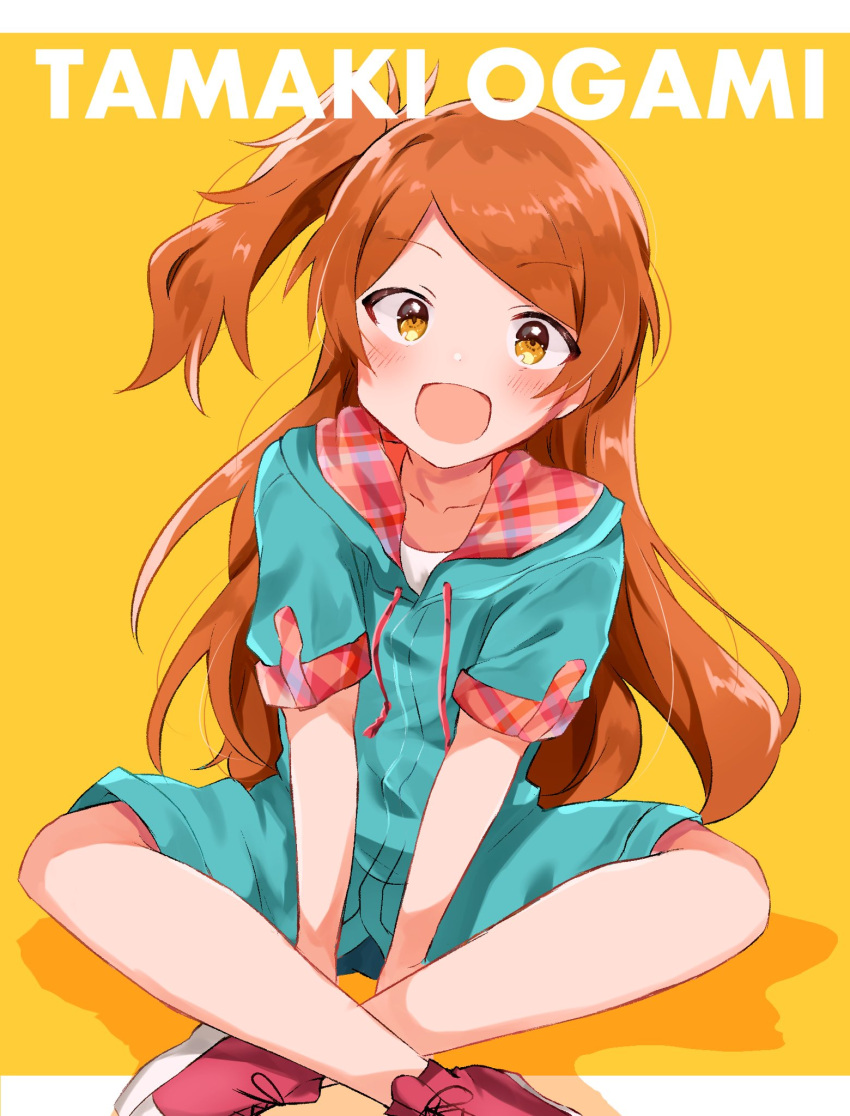 1girl, :d, arms_between_legs, blush, bow, breasts, brown_eyes, brown_hair