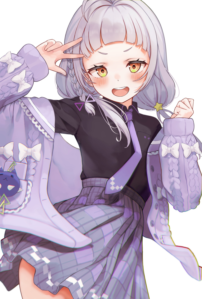 1girl, absurdres, black_shirt, blush, braid, buket_pudding_i, grey_hair, hair_ornament