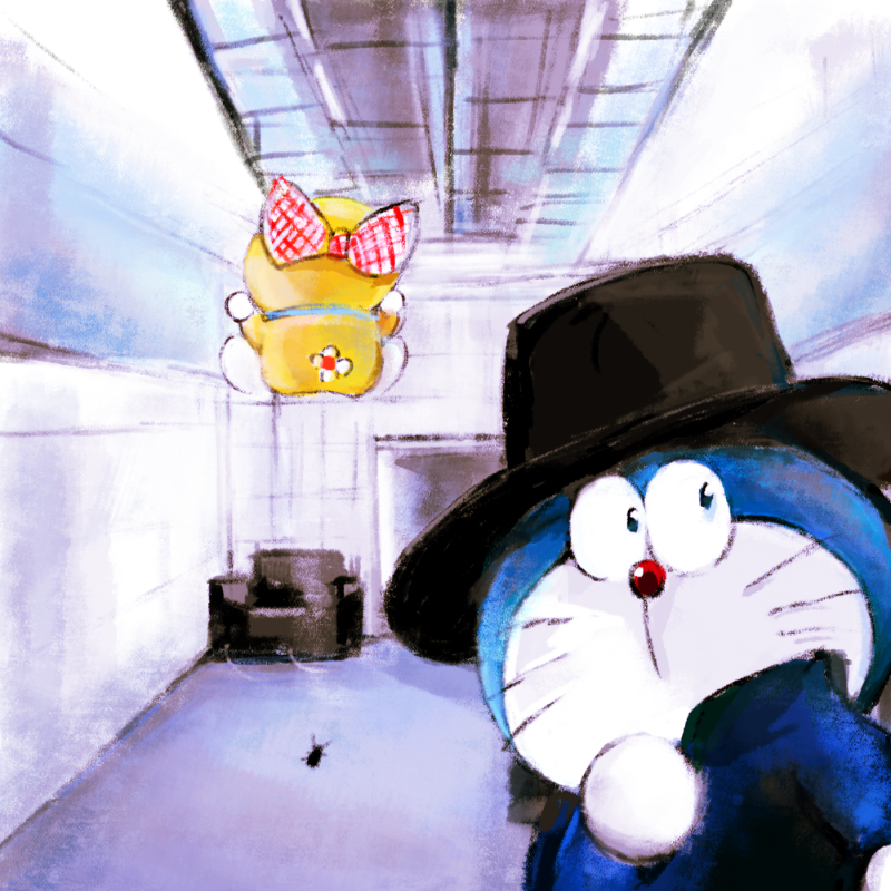 black_headwear, bow, bug, chair, cockroach, cosplay, doraemon, doraemon_(character), dorami, easy_chair, hat, indoors, jamiroquai, jay_kay, jay_kay_(cosplay), looking_at_viewer, mochizuki_tagosaku, no_humans, parody, pose_imitation, top_hat
