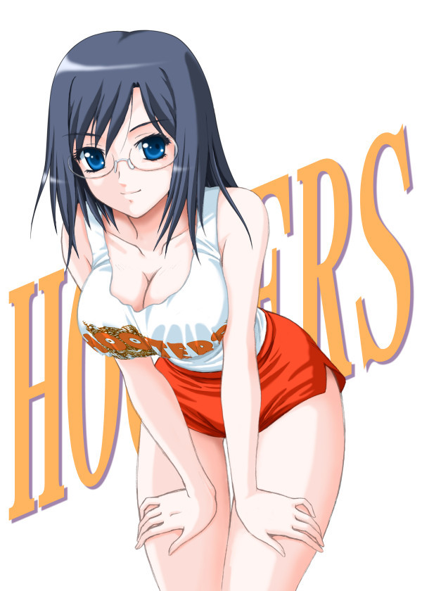 bird, black_hair, blue_eyes, breasts, cleavage, glasses, hooters, konori_mii, large_breasts, owl, short_hair, short_shorts, shorts, solo, tank_top, thigh_gap, to_aru_kagaku_no_railgun, to_aru_majutsu_no_index, waitress, zuka