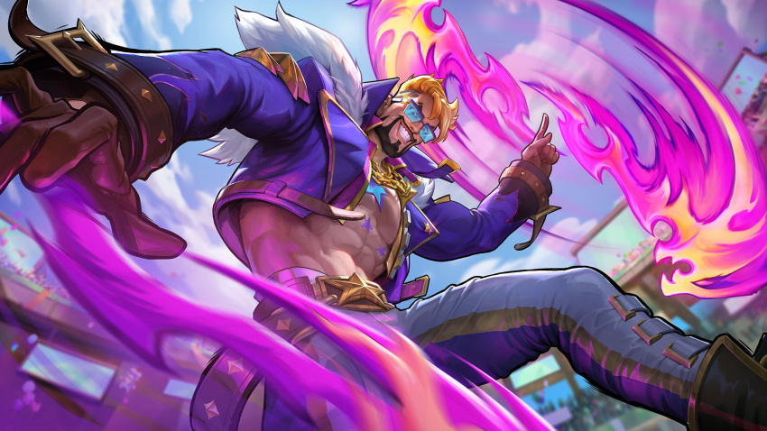 1boy, beard, blonde_hair, blurry, blurry_background, brown_gloves, draven, facial_hair