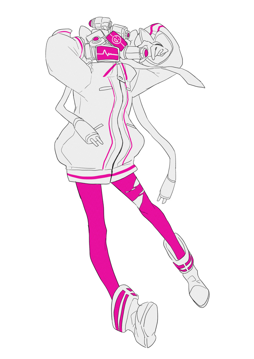 1girl, absurdres, android, arms_up, boots, camera, cardiogram, dalloc_(library_of_ruina), full_body, hamelon310, highres, jacket, library_of_ruina, long_sleeves, monitor, object_head, pantyhose, pink_pantyhose, pink_theme, project_moon, simple_background, smiley_face, solo, white_background, white_footwear, white_jacket