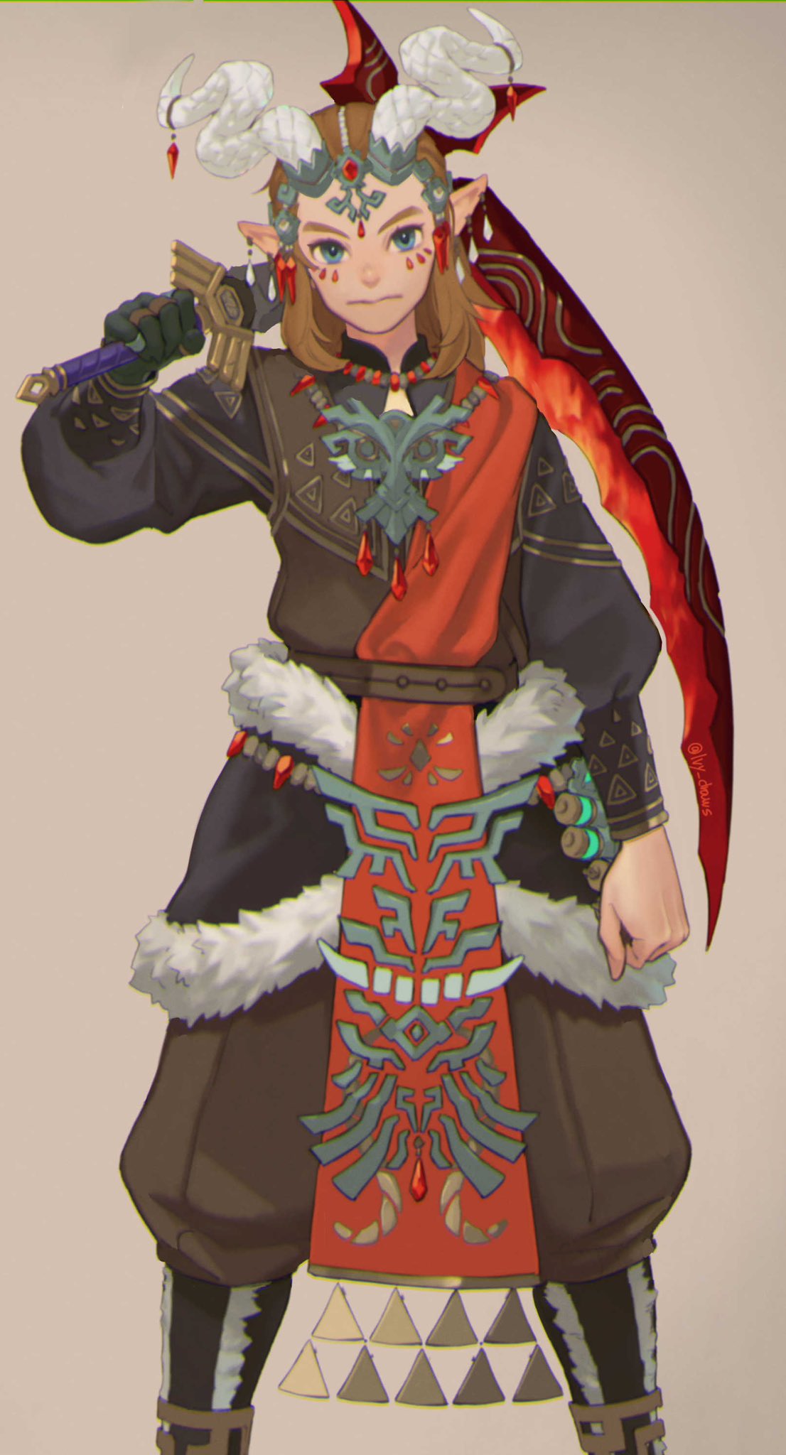 1boy, alternate_costume, arm_at_side, black_skin, boots, brown_hair, check_copyright, closed_mouth