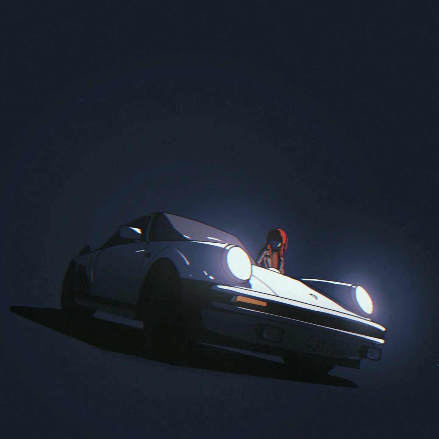 1girl, bocchi_the_rock!, brown_jacket, brown_sweater, car, chromatic_aberration, glowing, headlight