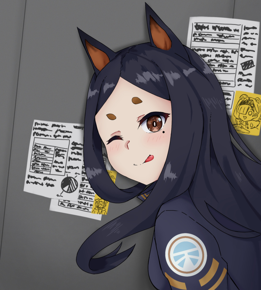 1girl, :q, animal_ears, arknights, black_hair, brown_eyes, commentary, dobermann_(arknights)