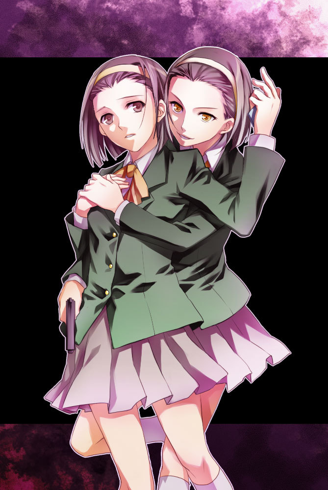brown_eyes, brown_hair, clock_tower_(series), clock_tower_ghost_head, dual_persona, etinop, grin, gun