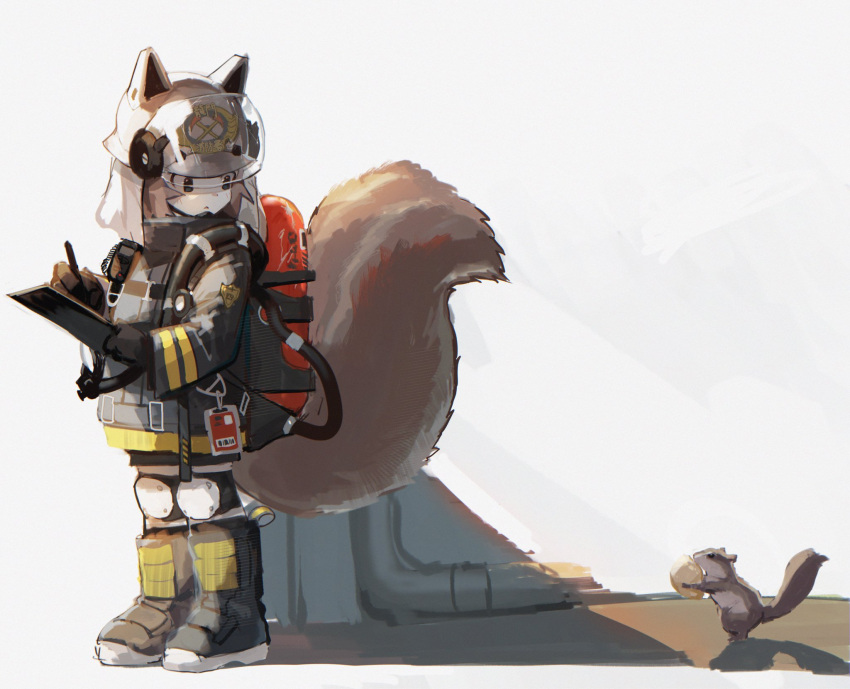 1girl, :<, animal_ears_helmet, arknights, black_footwear, black_gloves, black_jacket, boots