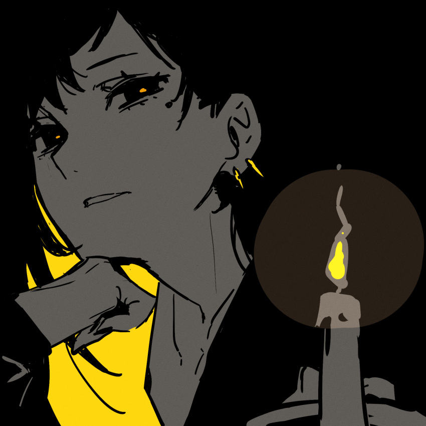 1girl, binah_(project_moon), black_dress, black_eyes, black_hair, blending, blonde_hair, candle