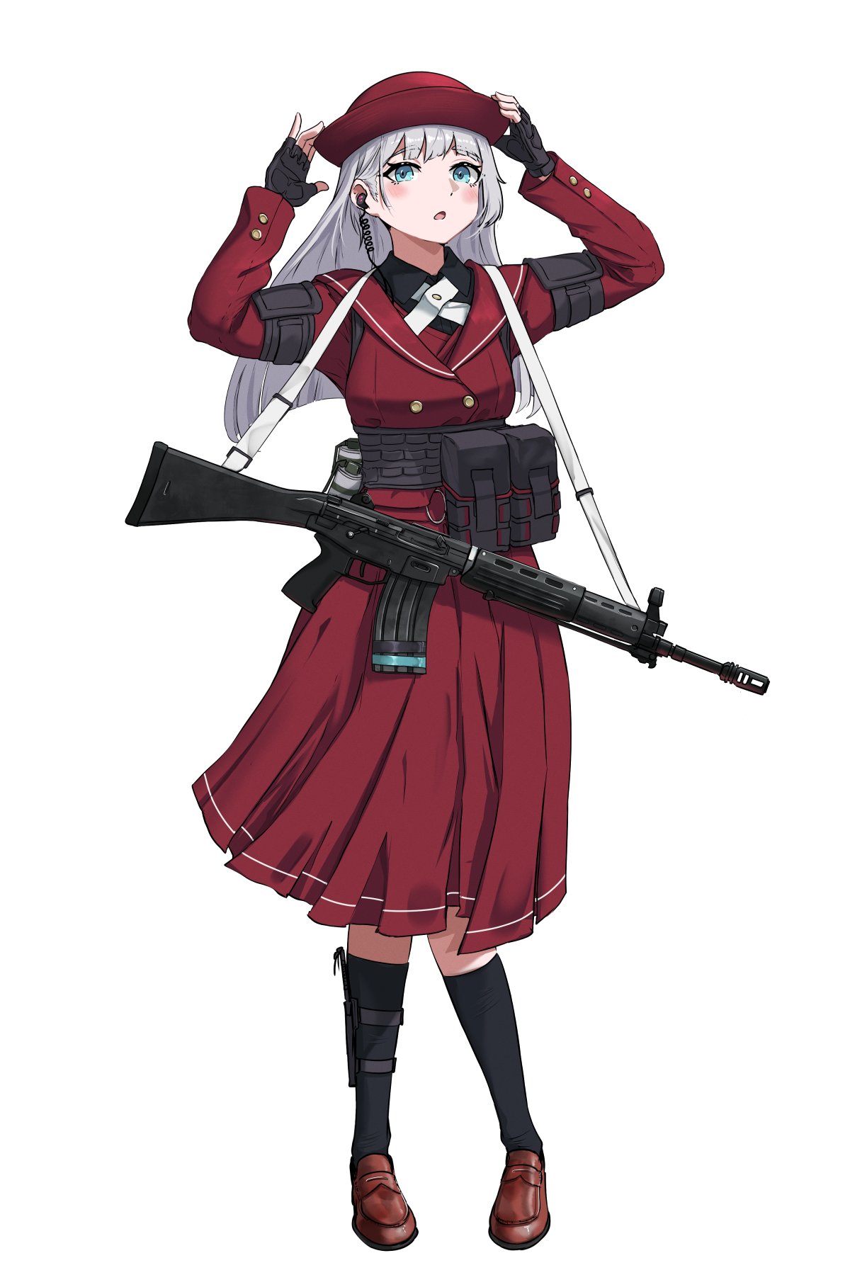 1girl, adjusting_clothes, adjusting_headwear, assault_rifle, black_gloves, black_shirt, blue_eyes, dress, fingerless_gloves, gloves, gun, haonfest, highres, howa_type_89, jacket, long_hair, long_sleeves, original, red_dress, red_headwear, red_jacket, rifle, shirt, smoke_grenade, solo, weapon, white_background, white_hair