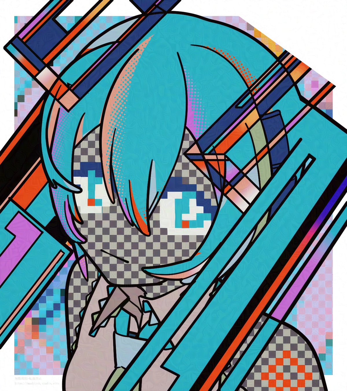1girl, abstract, aqua_eyes, aqua_hair, bare_shoulders, border, check_commentary, closed_mouth