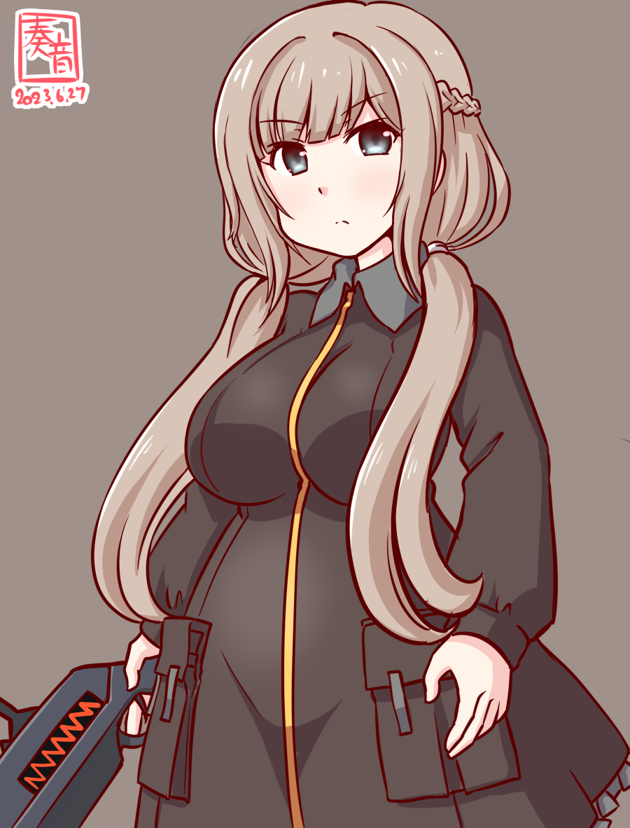 1girl, alternate_costume, artist_logo, blonde_hair, blue_eyes, breasts, brown_background, brown_dress