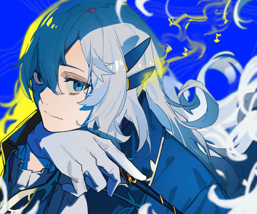1boy, argalia_(library_of_ruina), baton, blue_background, blue_cape, cape, closed_mouth, collared_cape