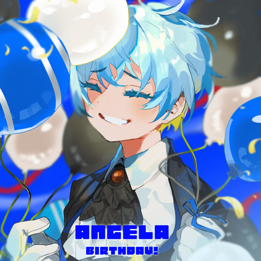 1girl, angela_(project_moon), ascot, balloon, black_ascot, black_jacket, blue_ribbon, brooch
