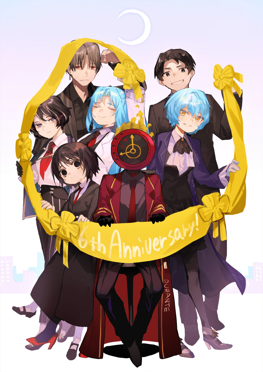 2boys, 2others, 3girls, absurdres, angela_(project_moon), anniversary, banner, black_coat