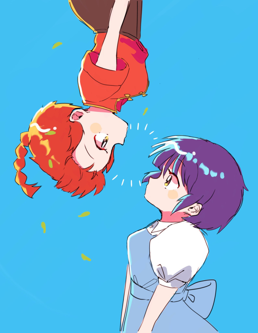 2girls, 4rane_tu, blue_background, blue_hair, blush_stickers, braid, braided_ponytail, breasts