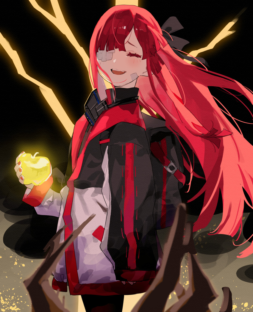 1girl, apple, backpack, bag, black_bag, black_bow, black_jacket, bow
