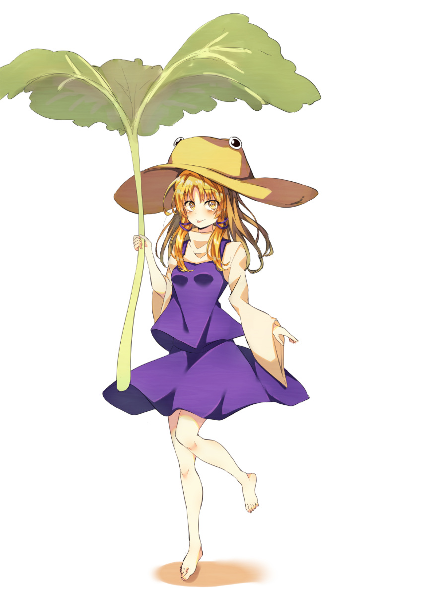 1girl, absurdres, barefoot, blonde_hair, blush, brown_headwear, closed_mouth, full_body, hat, highres, holding, holding_leaf, leaf, leaf_umbrella, long_hair, long_sleeves, moriya_suwako, purple_skirt, purple_vest, seika_okawari, shirt, simple_background, skirt, smile, solo, standing, standing_on_one_leg, tongue, tongue_out, touhou, vest, white_background, white_shirt, wide_sleeves, yellow_eyes