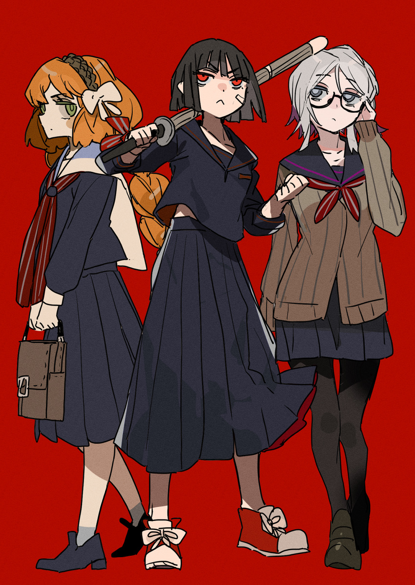 3girls, black_hair, black_pantyhose, black_sailor_collar, black_shirt, black_skirt, blue_eyes, bow