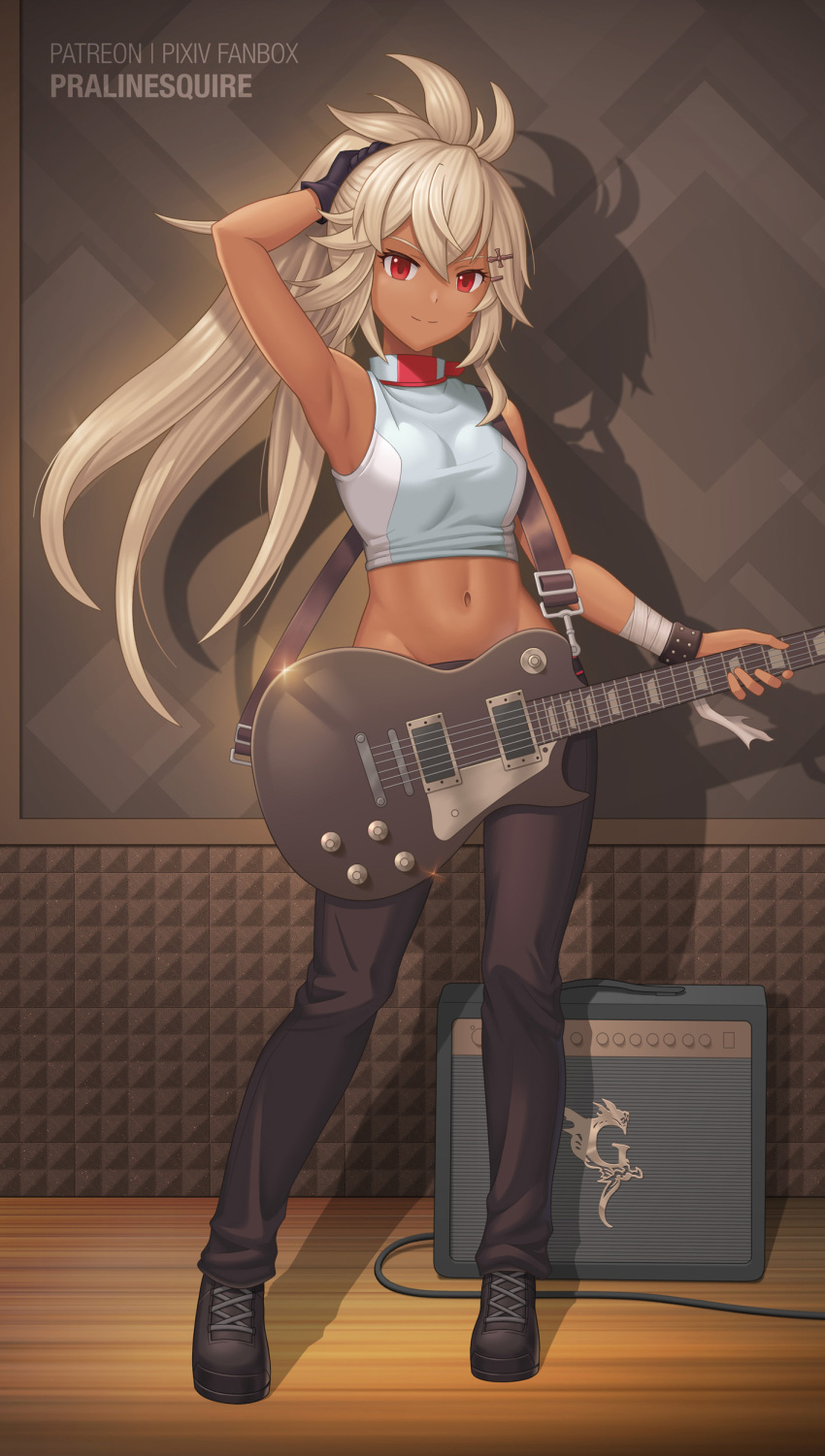 absurdres, ahoge, alternate_costume, amplifier, armpits, bandages, black_gloves, dark_skin