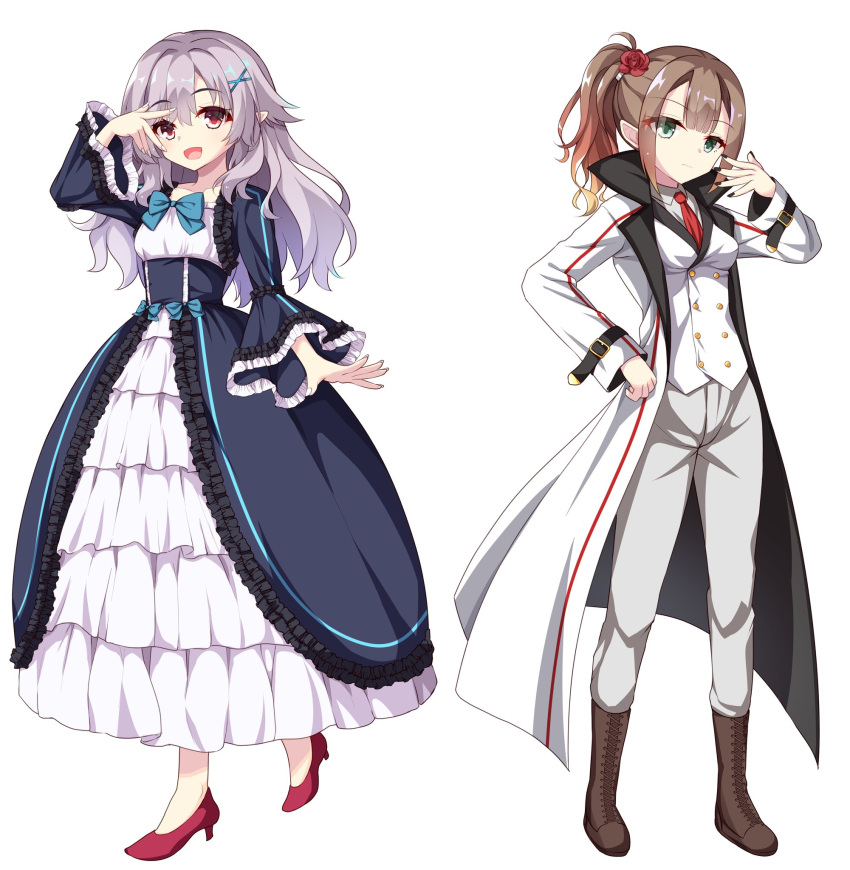 2girls, alternate_costume, arm_at_side, black_collar, black_nails, blue_bow, blue_dress, blue_sleeves