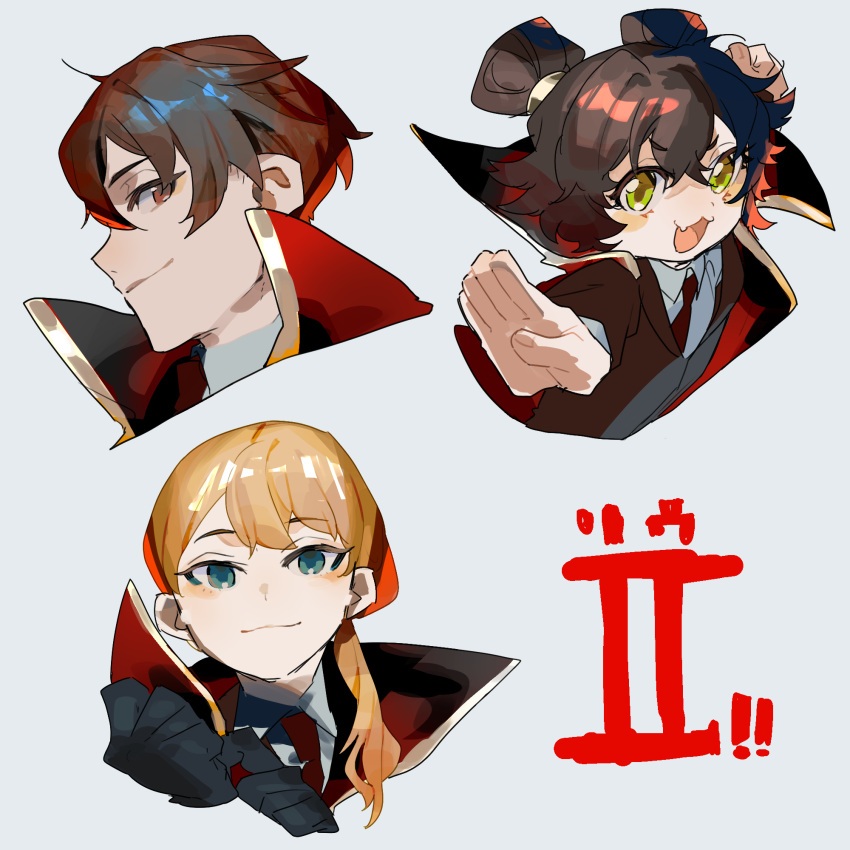 1boy, 2girls, :3, adjusting_clothes, adjusting_gloves, black_gloves, blonde_hair, blue_eyes