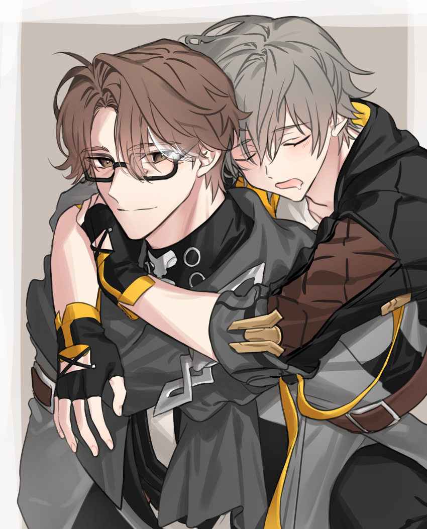 2boys, absurdres, belt, black_coat, black_gloves, black_pants, black_shirt, blush
