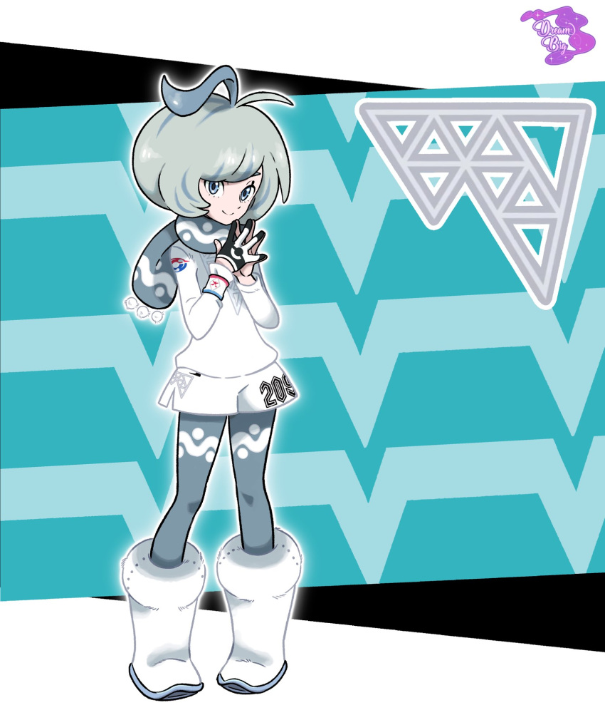 1girl, antenna_hair, artist_logo, blue_eyes, boots, dreambig, fur_boots, gloves