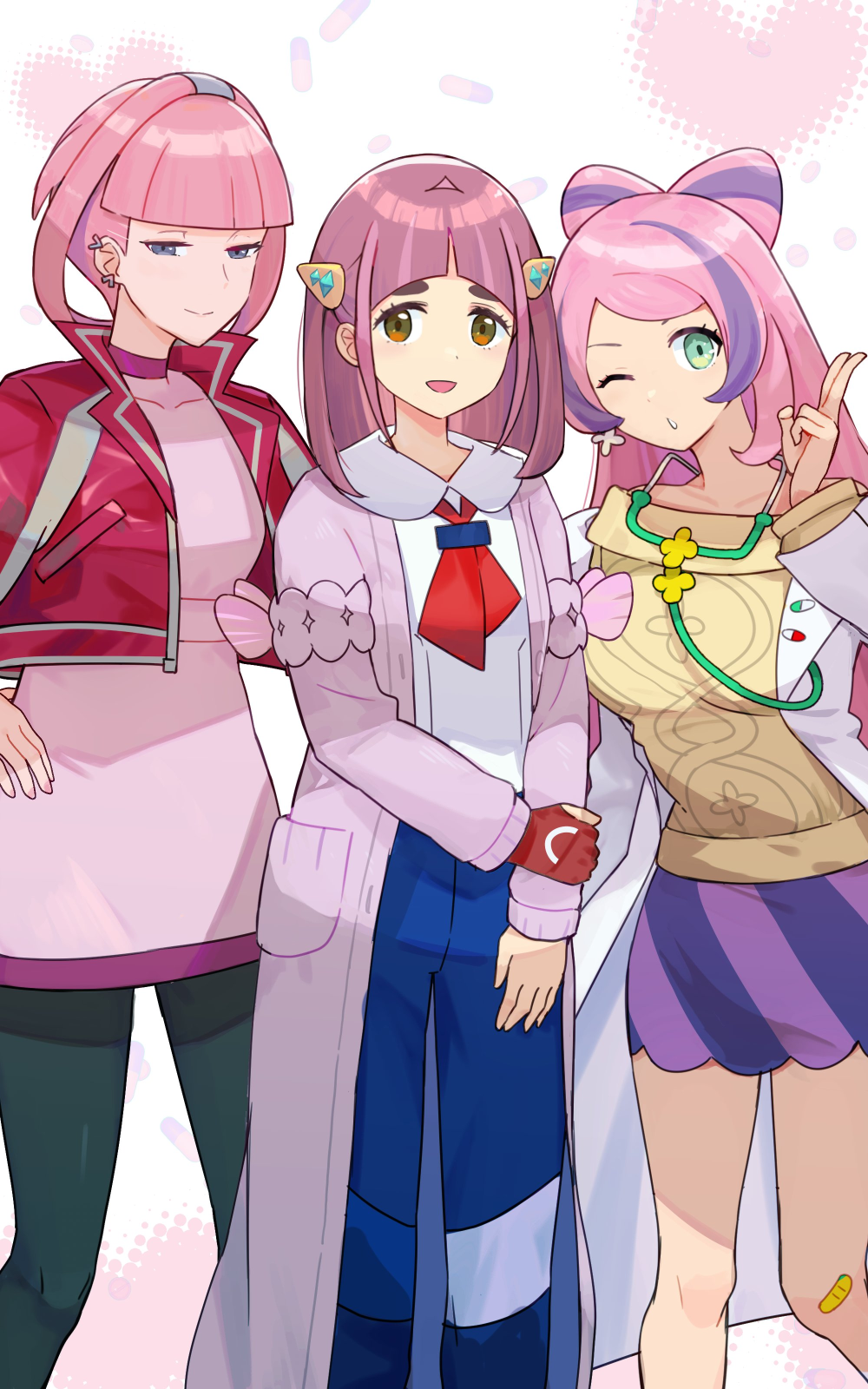 3girls, :d, bandaid, bandaid_on_knee, bandaid_on_leg, black_pantyhose, blue_pants, blunt_bangs