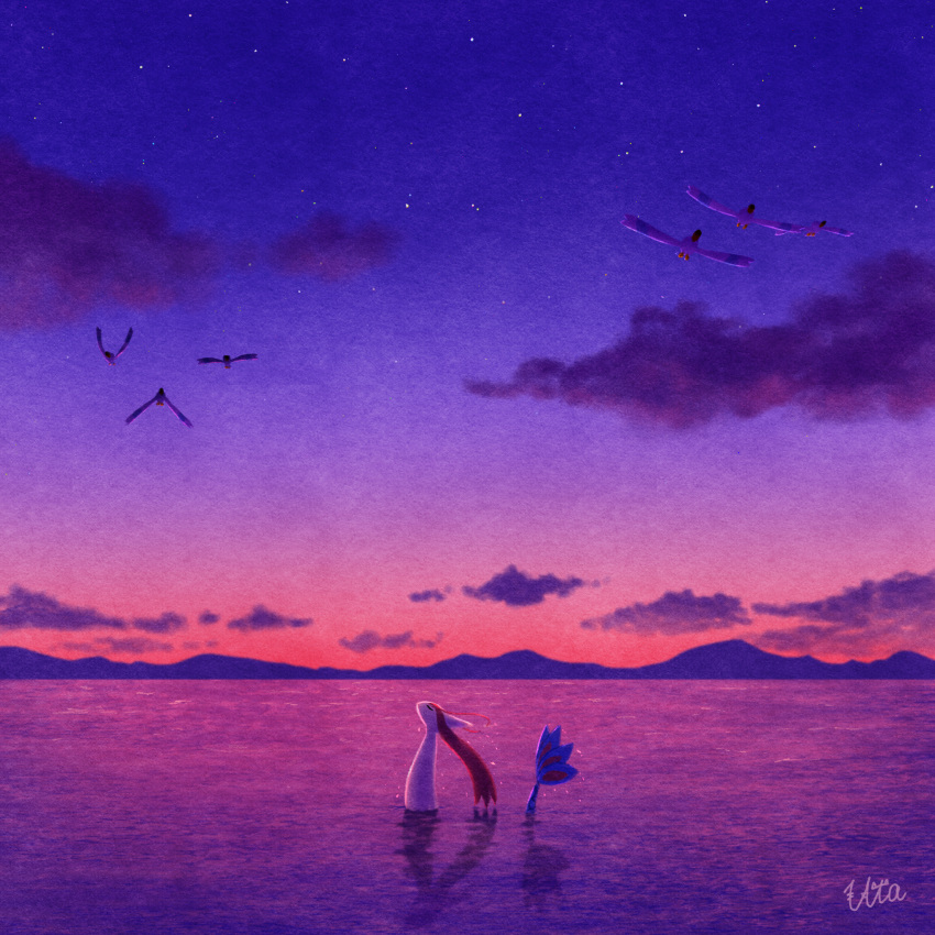 bird, closed_eyes, clouds, commentary_request, highres, milotic, no_humans, outdoors