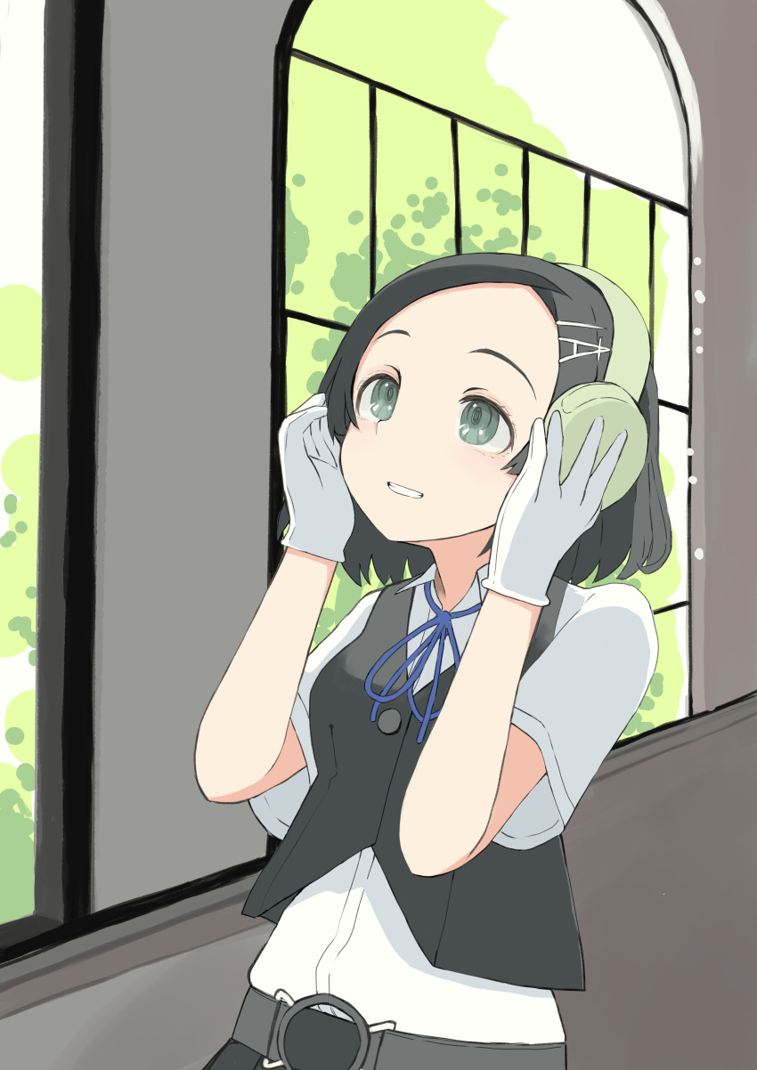 1girl, absurdres, belt, black_hair, black_vest, collared_shirt, commentary_request, dress_shirt, forehead, gloves, grey_eyes, headphones, highres, kantai_collection, kuroshio_(kancolle), kuroshio_kai_ni_(kancolle), looking_up, parted_lips, school_uniform, shirt, short_hair, smile, solo, toplow, upper_body, vest, white_gloves, white_shirt, window