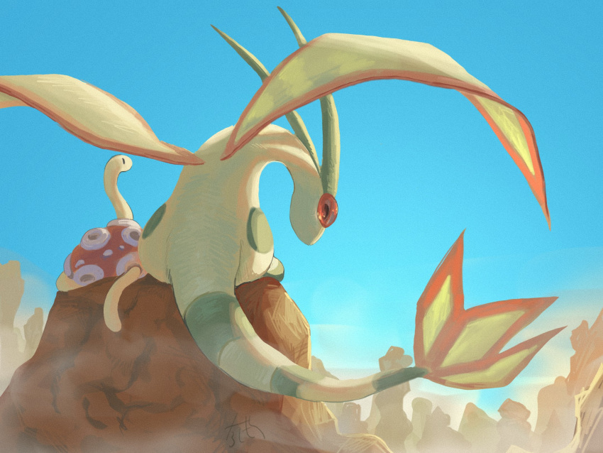 black_eyes, clear_sky, commentary, day, flygon, from_behind, highres, nashimochi_4