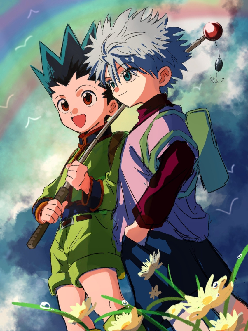 2boys, backpack, bag, black_hair, blue_eyes, brown_eyes, fishing_rod, gon_freecss