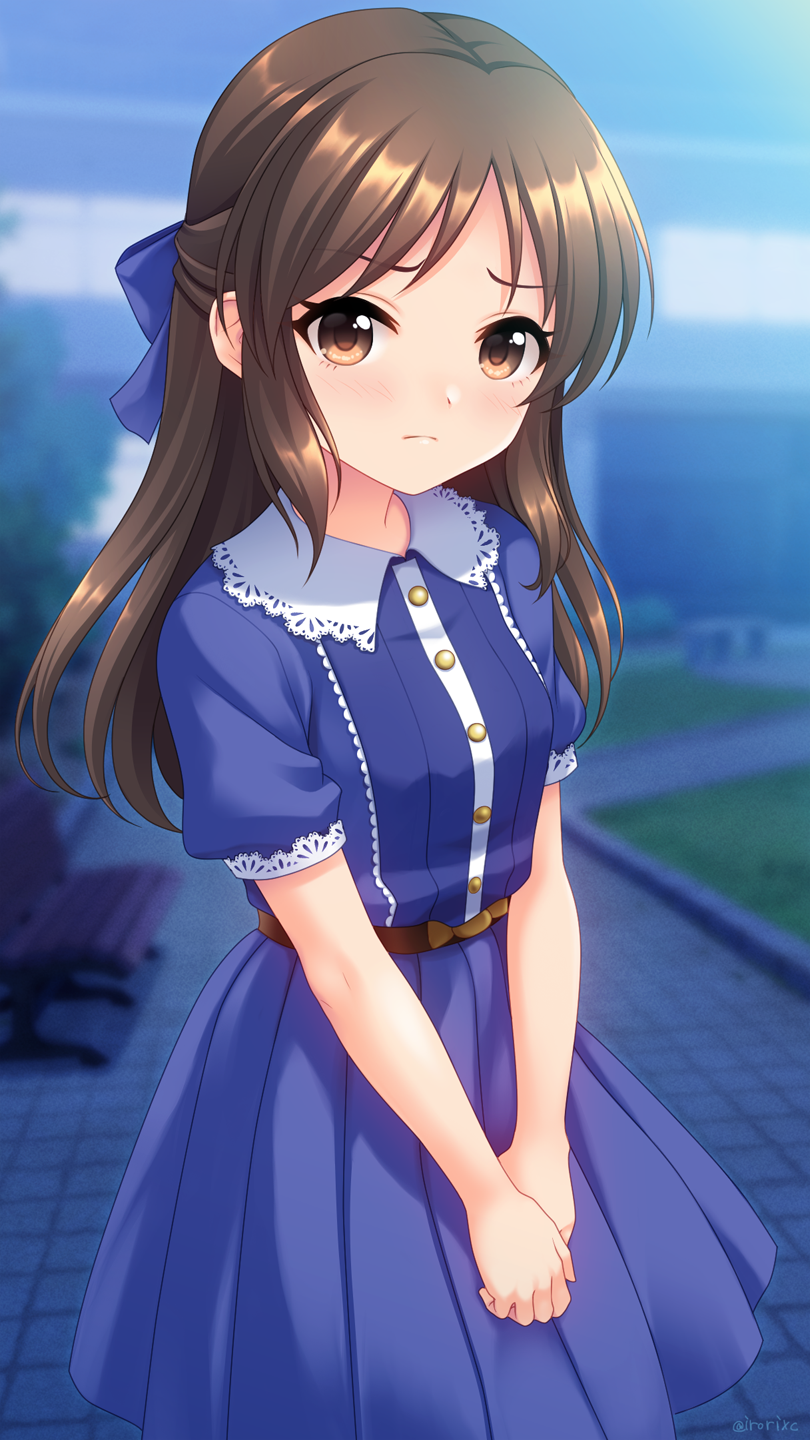 1girl, artist_name, blue_bow, blue_dress, bow, brown_eyes, brown_hair, closed_mouth