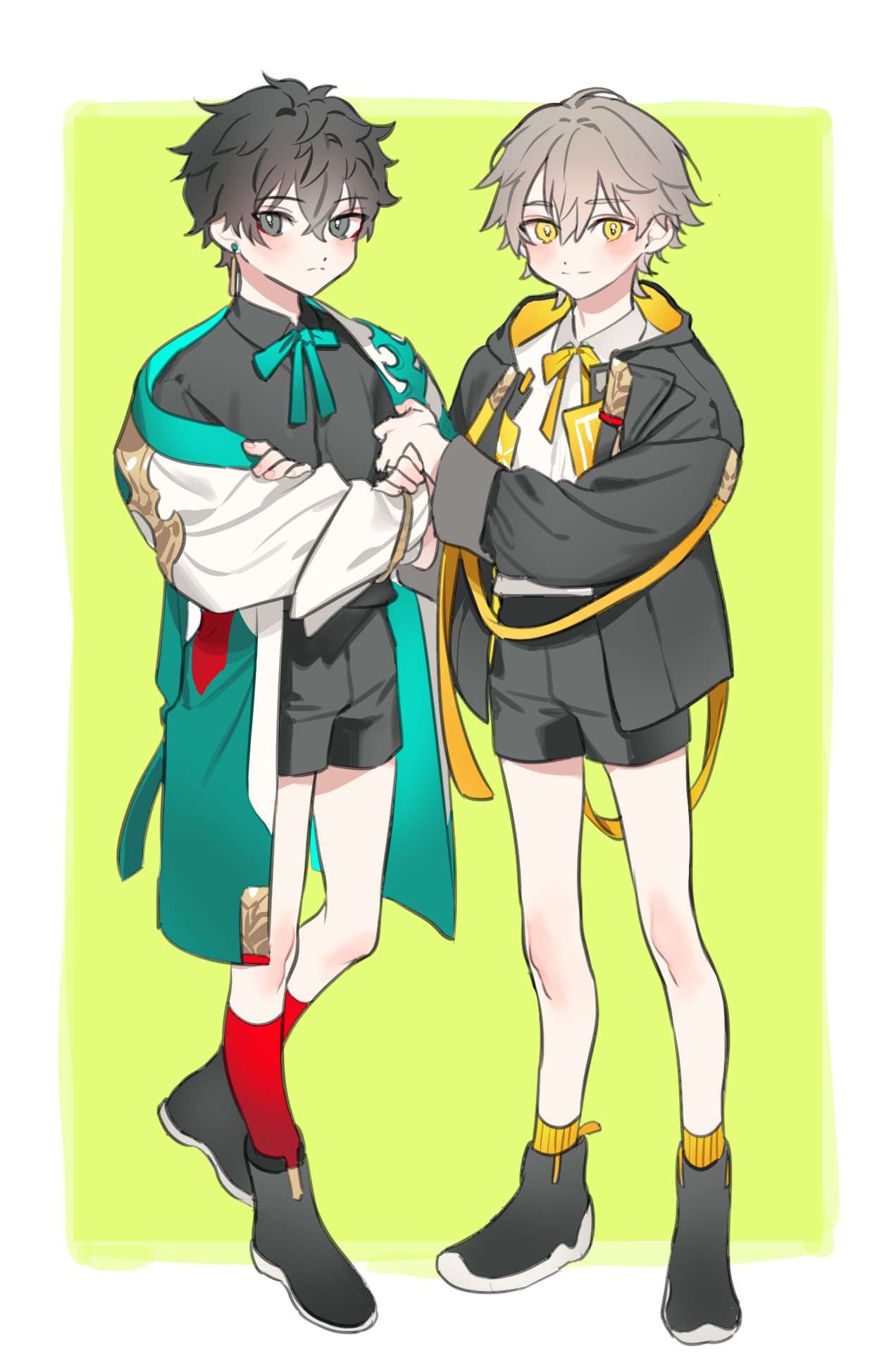 2boys, adapted_costume, aged_down, aqua_bow, aqua_bowtie, black_footwear, black_hair, black_jacket