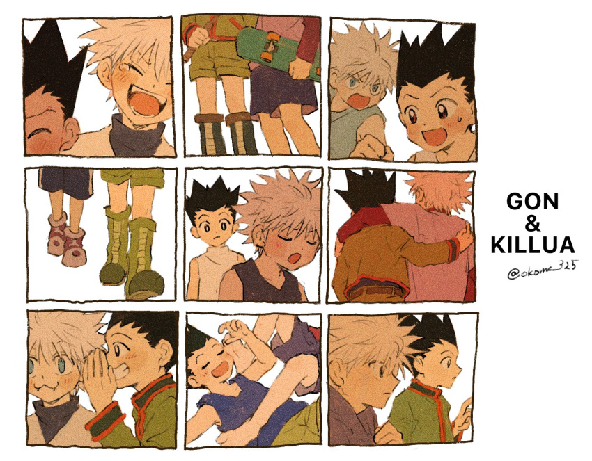 2boys, arm_around_shoulder, black_hair, blush, brown_eyes, character_name, collage, gon_freecss