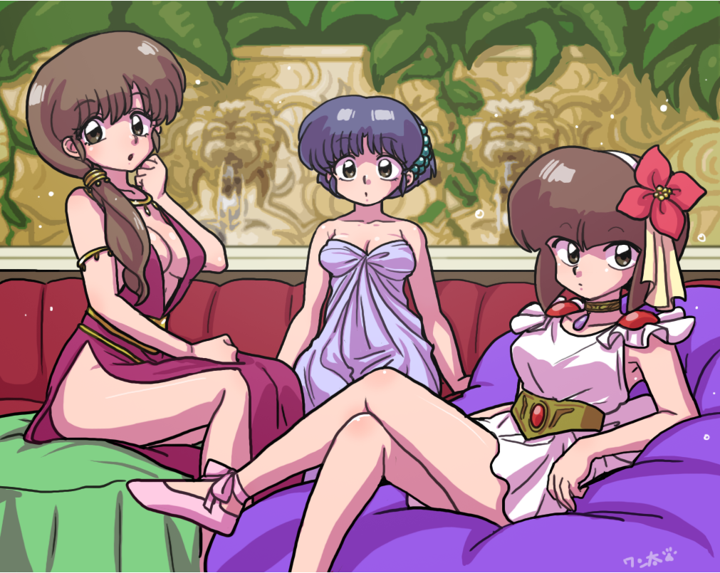 3girls, blue_hair, breasts, brown_hair, cosplay, dress, flower, hair_flower, hair_ornament, legs, looking_at_viewer, multiple_girls, open_mouth, ranma_1/2, red_flower, short_hair, siblings, sisters, sitting, tendou_akane, tendou_akane_(cosplay), tendou_kasumi, tendou_kasumi_(cosplay), tendou_nabiki, tendou_nabiki_(cosplay), wanta_(futoshi), white_dress
