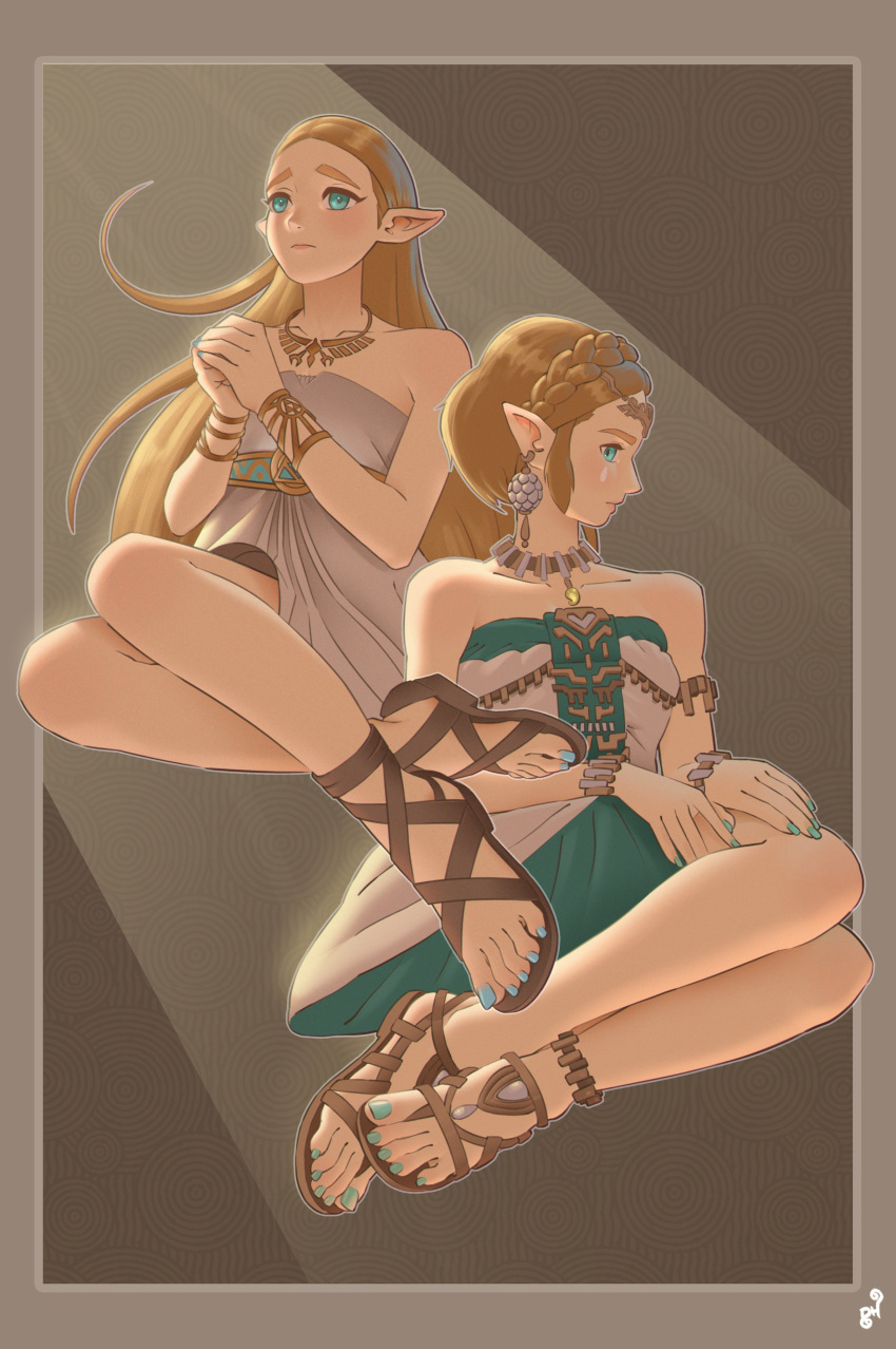 1girl, 2girls, absurdres, aqua_eyes, aqua_nails, artist_logo, blonde_hair, blush, border, brown_footwear, closed_mouth, collarbone, dress, english_commentary, feet, forehead, full_body, gladiator_sandals, grey_background, grey_border, grey_dress, hands_up, highres, jewelry, legs, long_hair, looking_to_the_side, mohoshadream, multiple_girls, nail_polish, necklace, own_hands_together, patterned_background, pointy_ears, princess_zelda, sandals, short_dress, sitting, solo, strapless, strapless_dress, the_legend_of_zelda, the_legend_of_zelda:_breath_of_the_wild, toenail_polish, toenails, toes