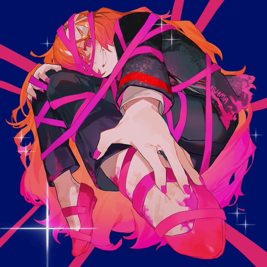 1girl, black_jacket, black_pants, blue_background, bow, fetal_position, foreshortening, gradient_hair