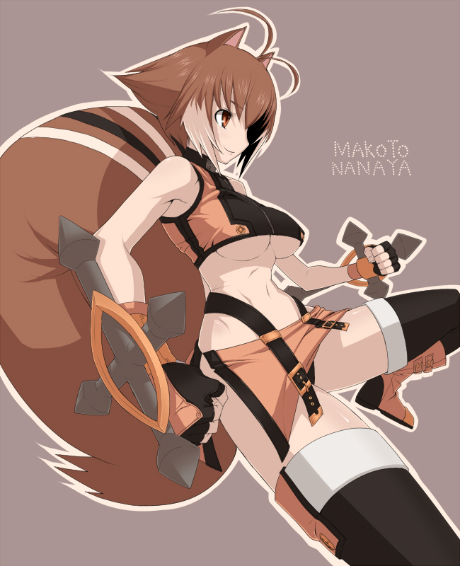 animal_ears, antenna_hair, bare_shoulders, blazblue, boots, breasts, brown_eyes, brown_hair, character_name, crop_top, dual_wielding, fingerless_gloves, gloves, halter_top, halterneck, kamirobo, makoto_nanaya, microskirt, midriff, miniskirt, nanaya_makoto, navel, red_eyes, short_hair, skirt, smile, solo, squirrel_ears, squirrel_tail, tail, thigh-highs, thighhighs, tonfa, under_boob, underboob, weapon
