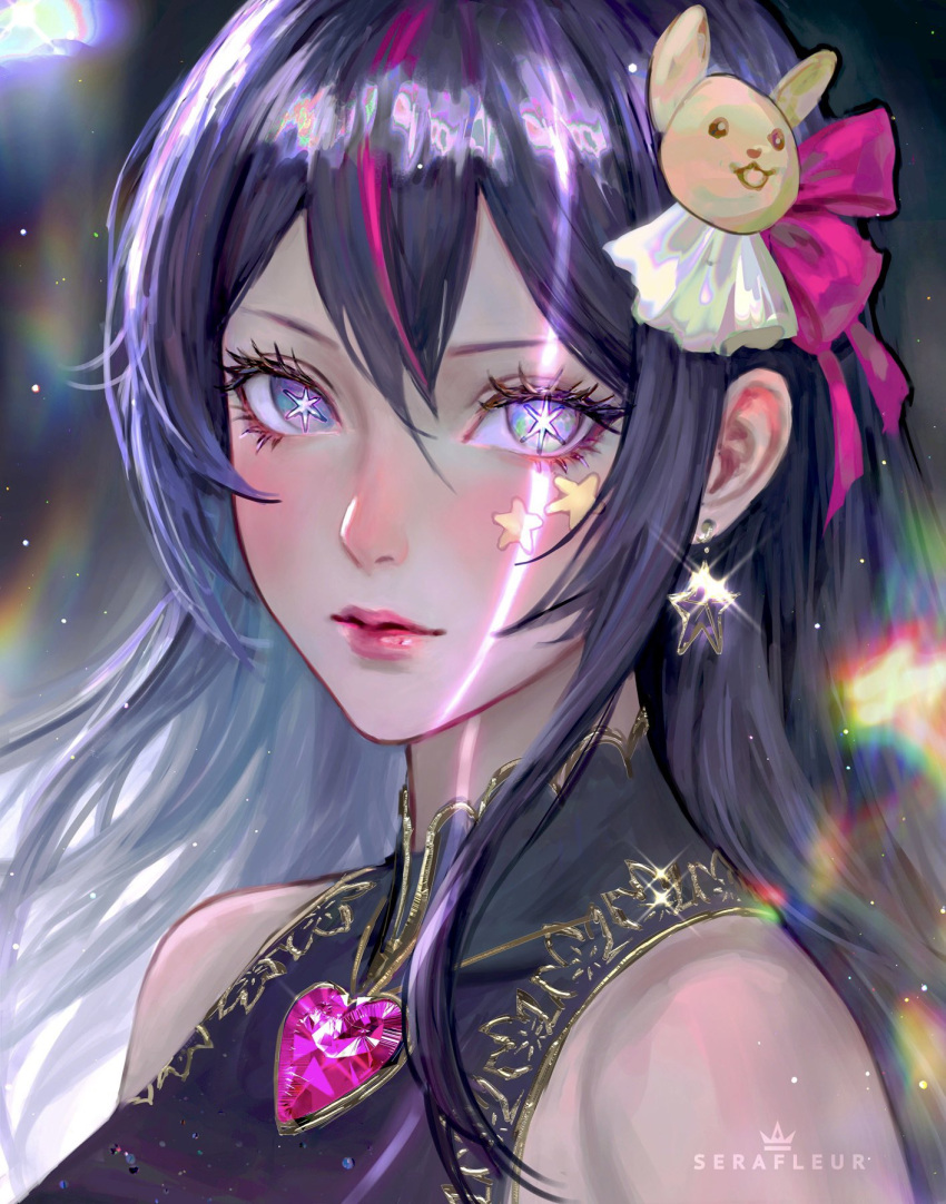 1girl, blue_eyes, brooch, commentary, earrings, facial_mark, hair_ornament, heart