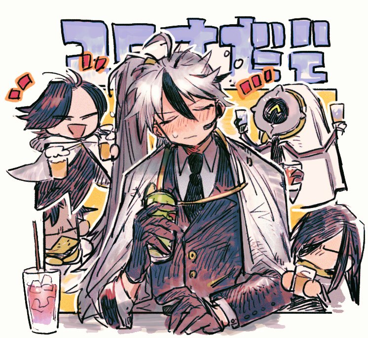 2boys, 2girls, ahoge, black_gloves, black_jacket, buttons, cape, closed_eyes