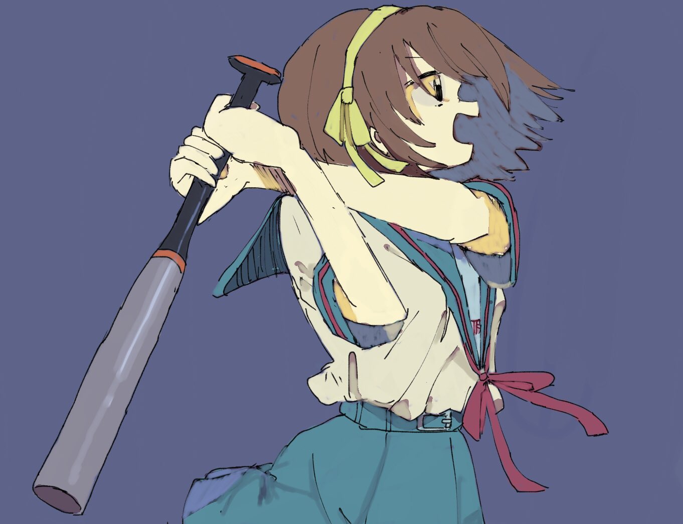 1girl, baseball, baseball_bat, blue_skirt, brown_hair, holding, holding_baseball_bat, meimeiner, open_mouth, purple_background, school_uniform, simple_background, skirt, solo, suzumiya_haruhi, suzumiya_haruhi_no_yuuutsu