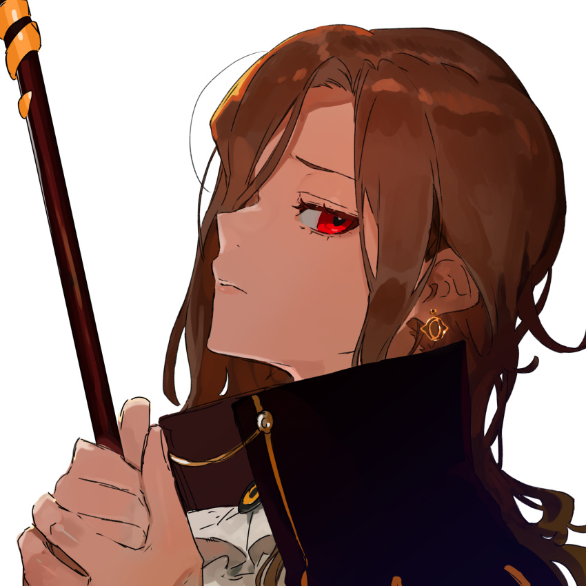 1girl, ascot, black_coat, brown_hair, cane, closed_mouth, coat, dias_(the_distortion_detective)