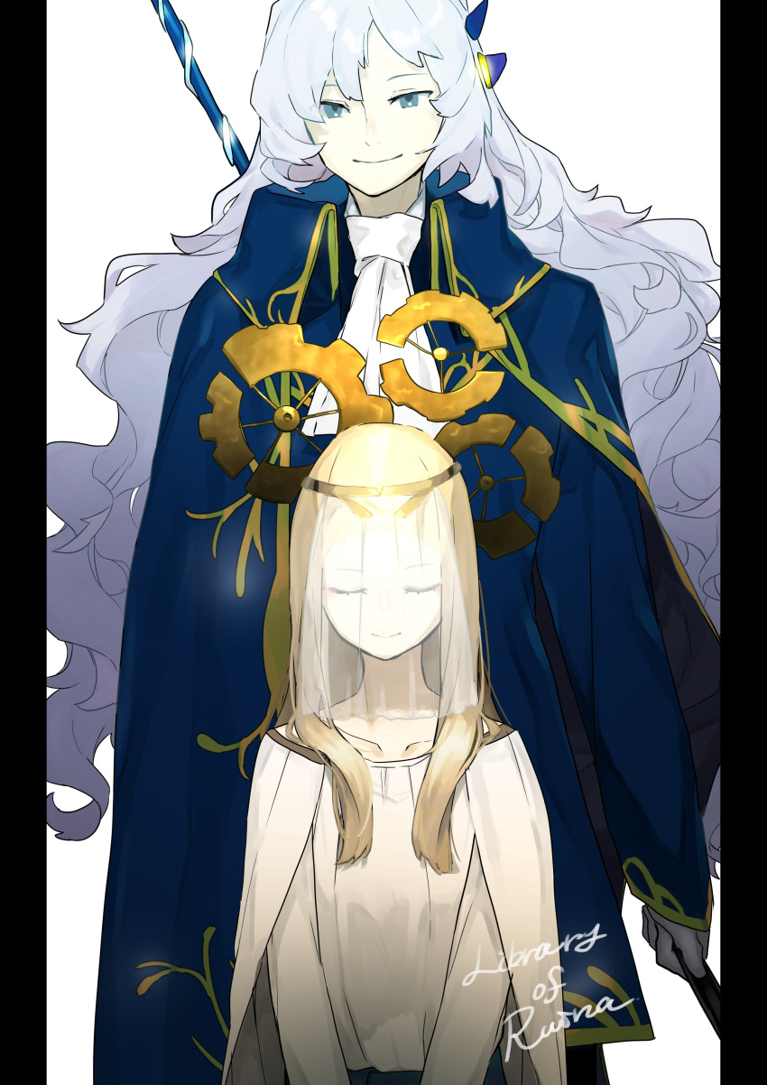 1boy, 1girl, absurdres, argalia_(library_of_ruina), ascot, blonde_hair, blue_cape, blue_eyes