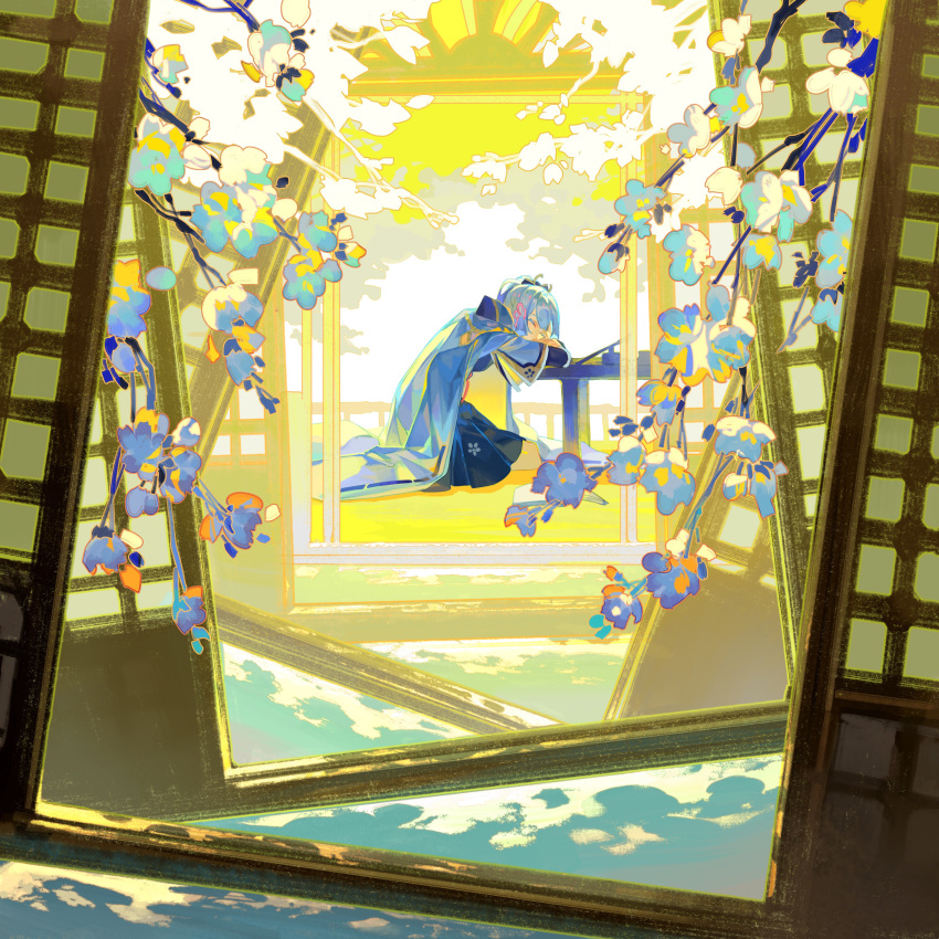 1girl, absurdres, arm_pillow, blue_hair, blue_skirt, blunt_tresses, branch, cape